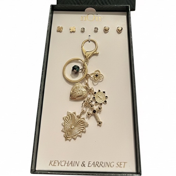 nOir Jewelry Accessories - nOir Jewelry Gold Tone Charm Keychain & Stud Earring Set Boxed Gift NWT